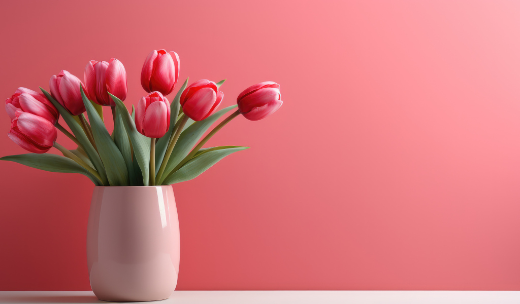 Букет тюльпанов в белой вазе на розовом фоне