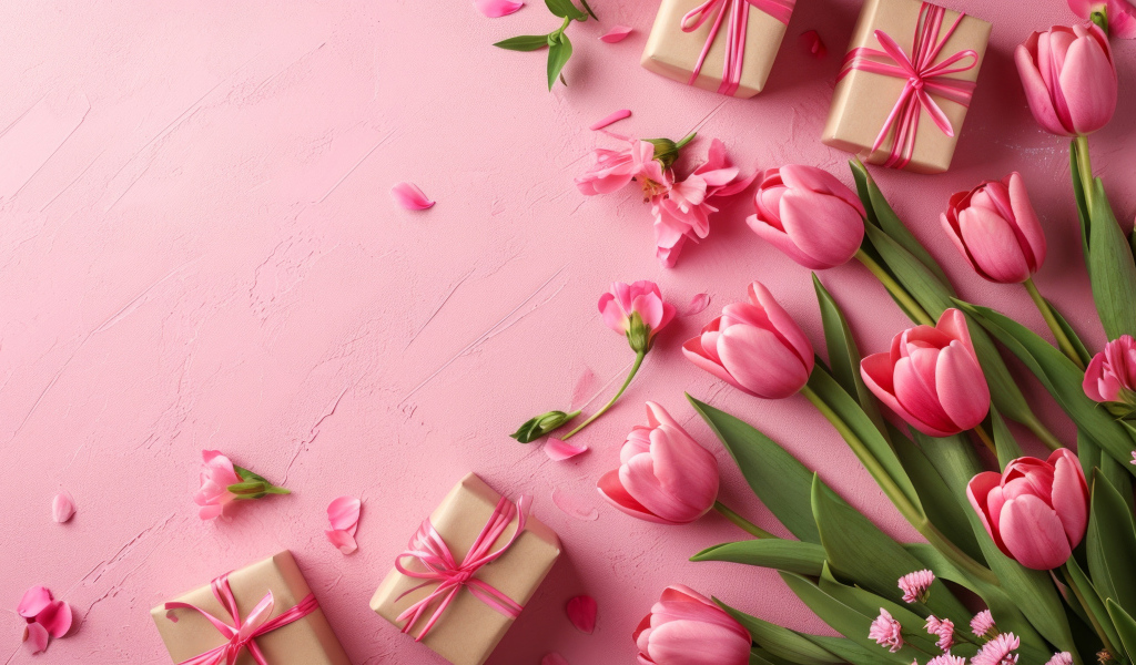 Букет тюльпанов с подарками на розовом фоне