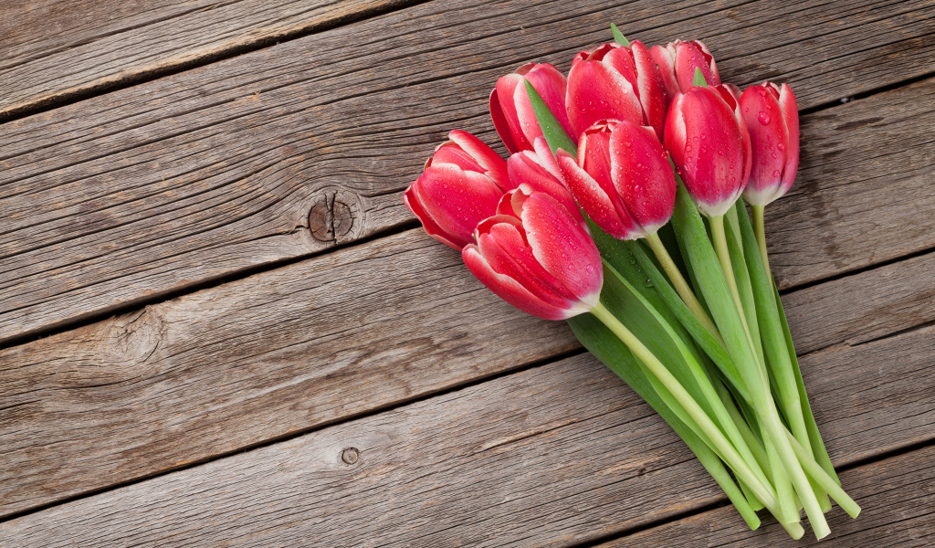 Букет мокрых красных тюльпанов на деревянном столе