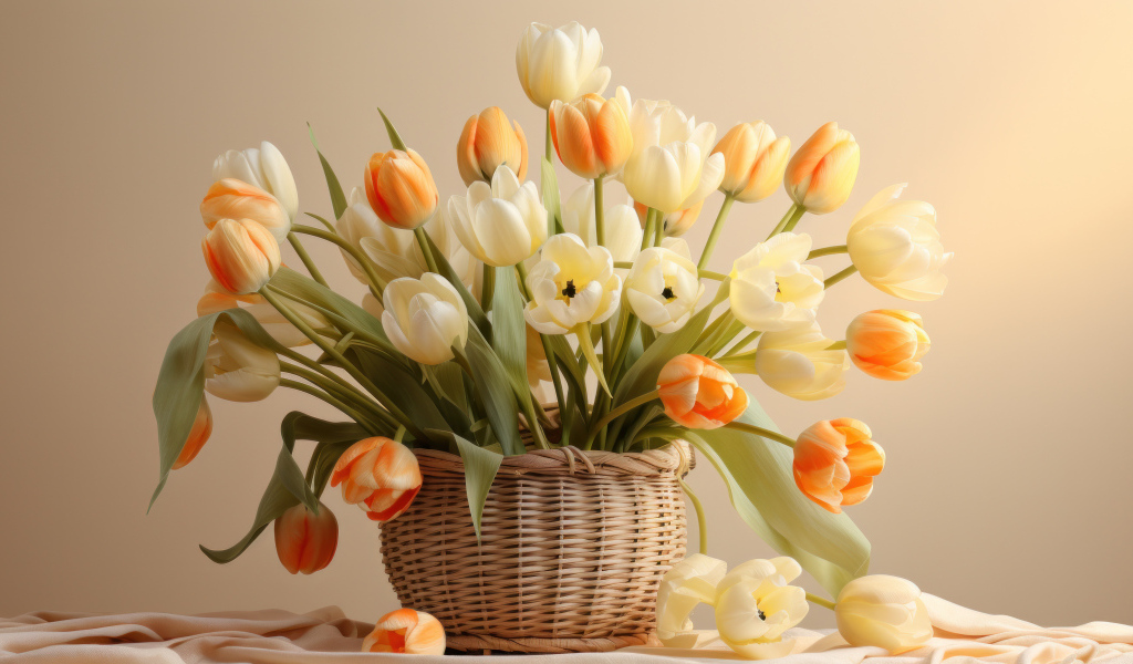 Букет белых и оранжевых тюльпанов в корзине