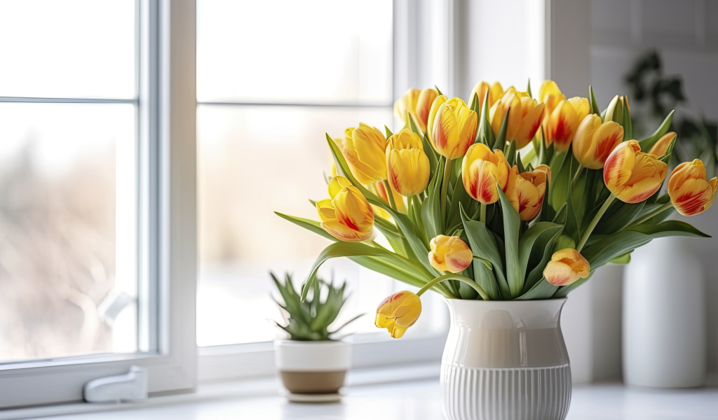 Букет желтых тюльпанов в вазе у окна