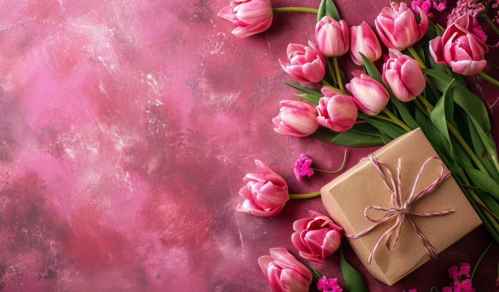 Подарок и красивый букет тюльпанов на необычном розовом фоне