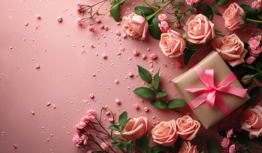 Подарок с розами на розовом фоне