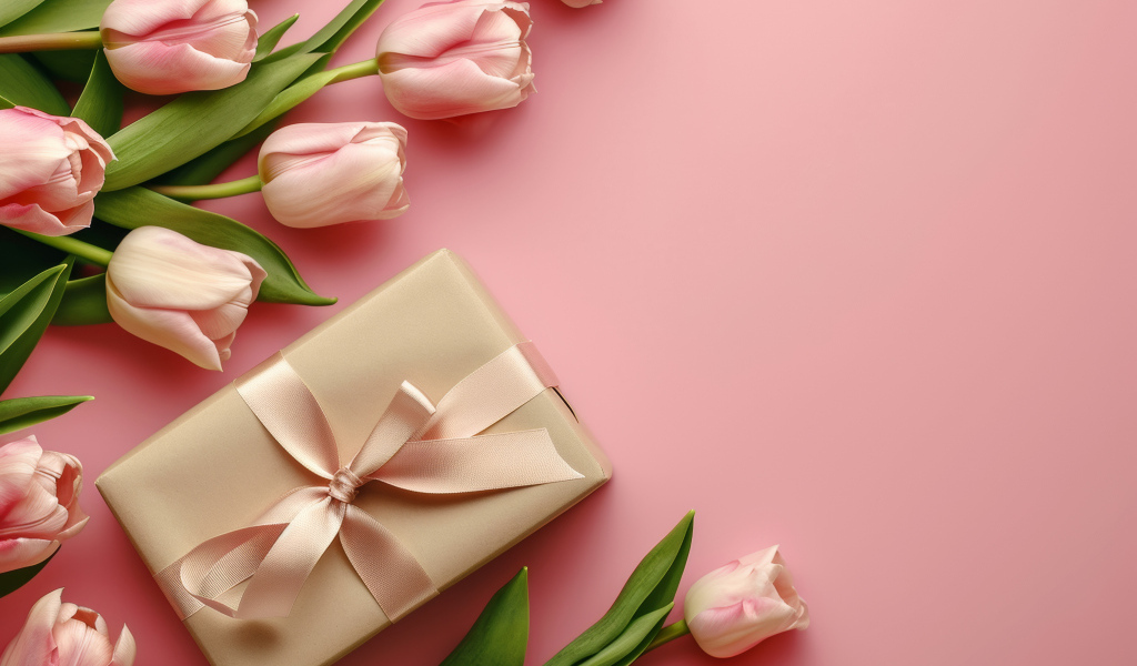 Подарок с тюльпанами для любимой на розовом фоне