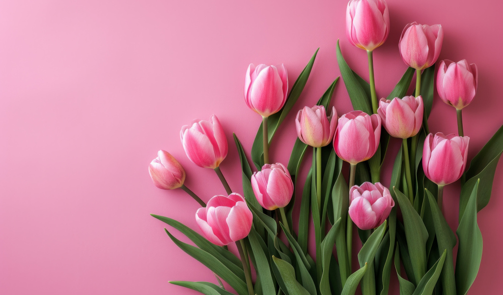 Много красивых весенних тюльпанов на розовом фоне