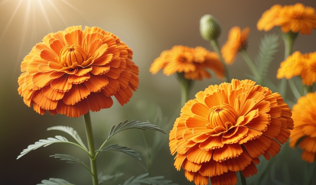 Оранжевые цветы бархатцы в лучах солнца