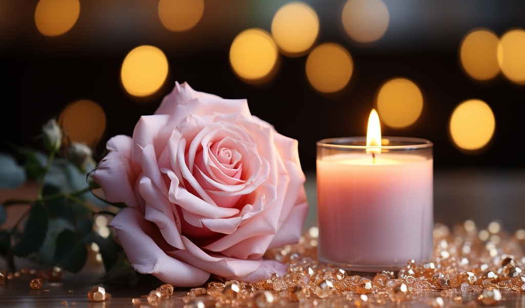 Розовая роза с зажженной свечой и камнями