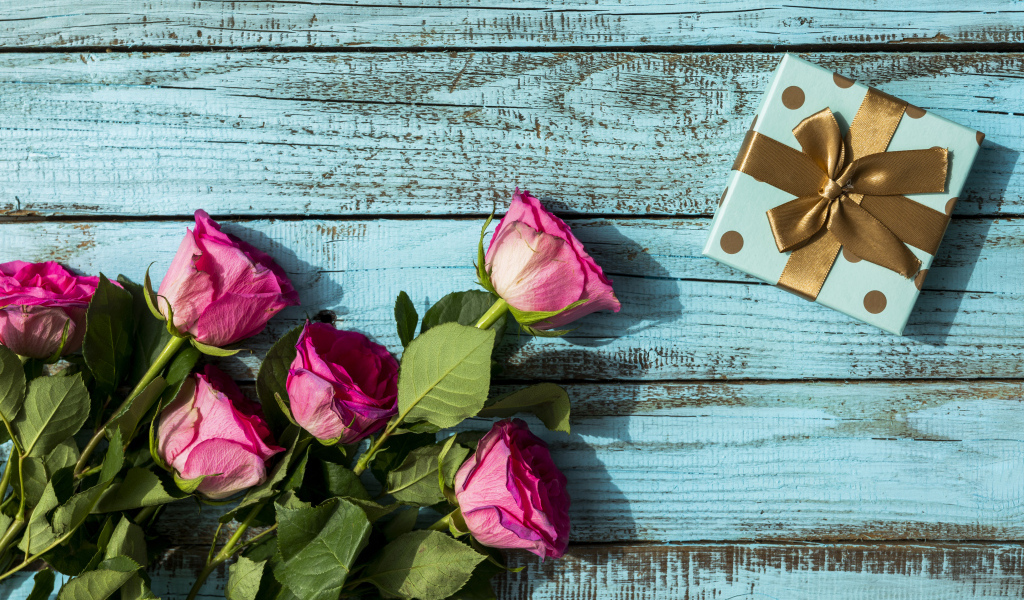 Розовые розы с подарком на голубом фоне на день рождения