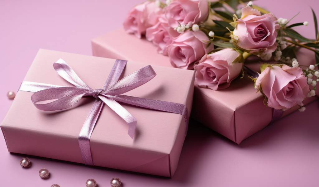 Розовые розы с подарками на столе