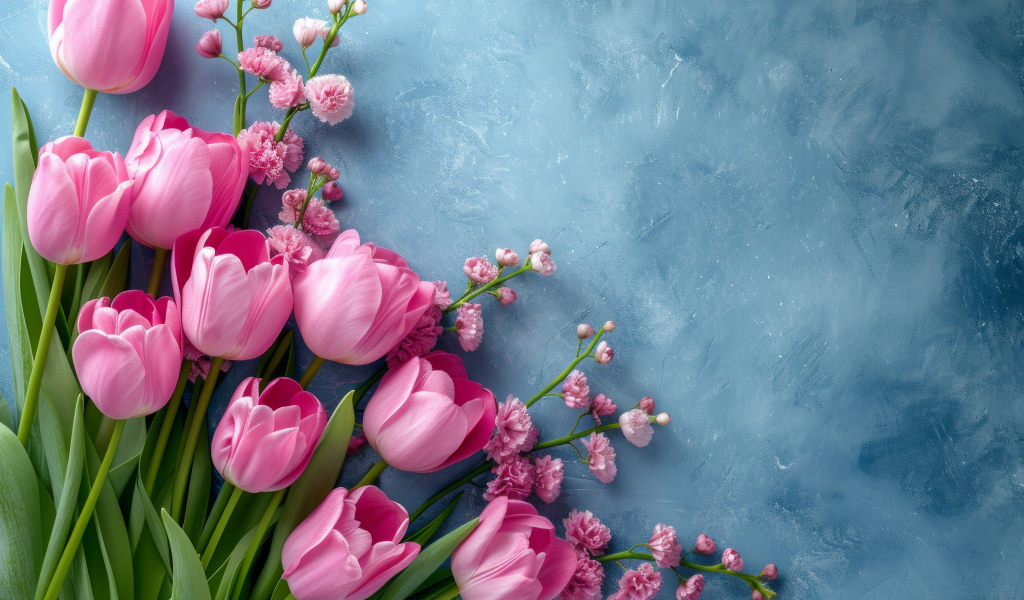 Розовые тюльпаны и гипсофила на сером столе