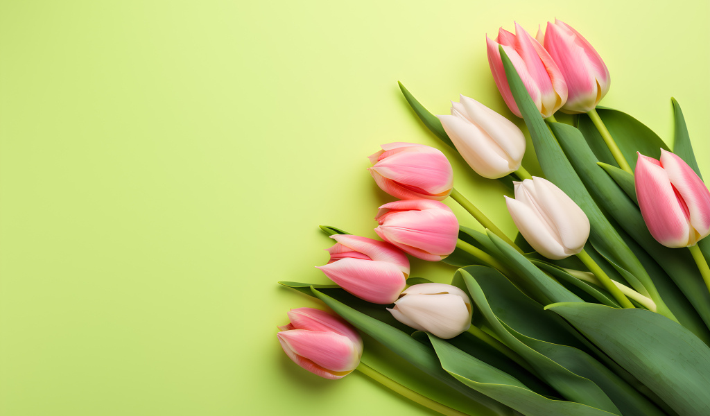 Розовые тюльпаны на зеленом фоне, шаблон 