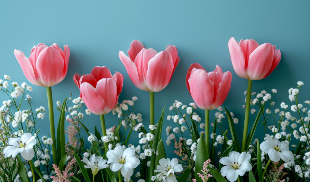 Розовые тюльпаны с белыми цветами на голубом столе