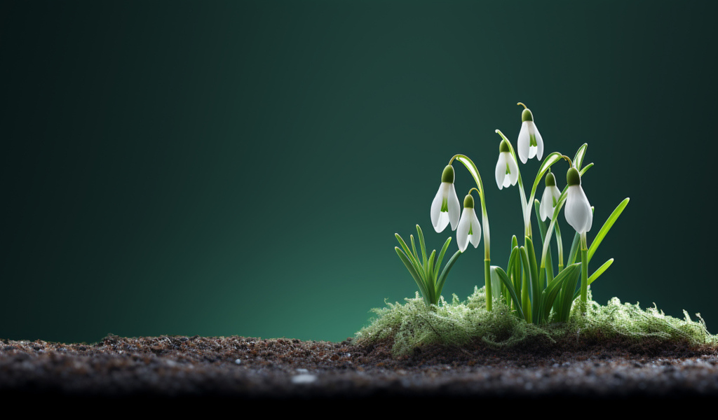 Маленькие белые подснежники на черной земле