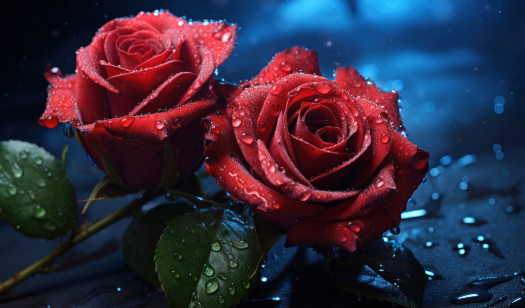 Две красные розы на черной поверхности под дождем