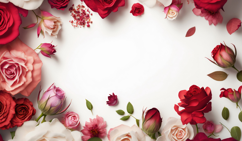 Белый фон с сорванными цветами розы