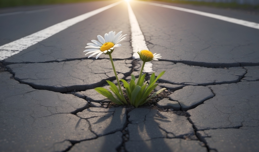 Белые цветы ромашки пробиваются на асфальте