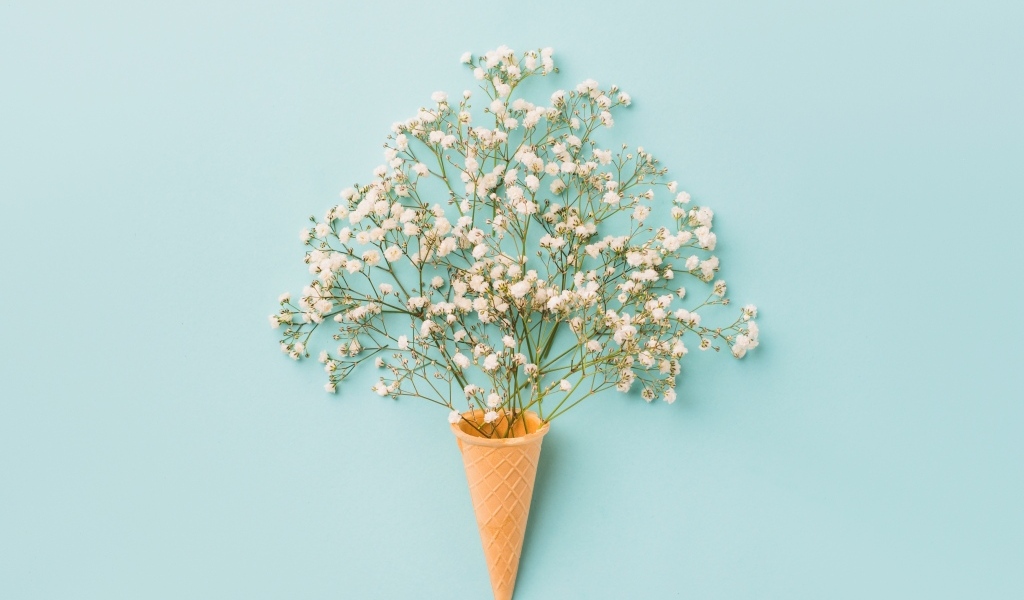 Белые цветы с вафельным рожком на голубом фоне