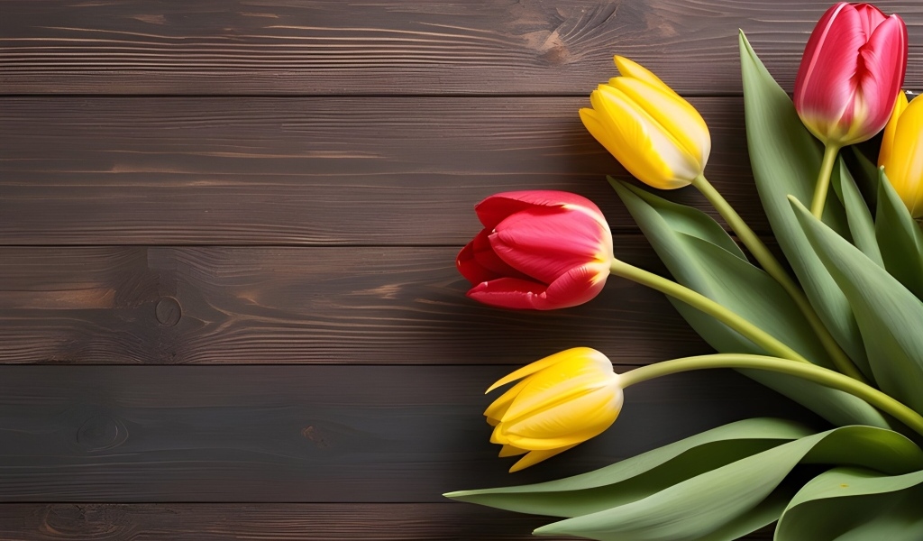Желтые и розовые тюльпаны на деревянном столе