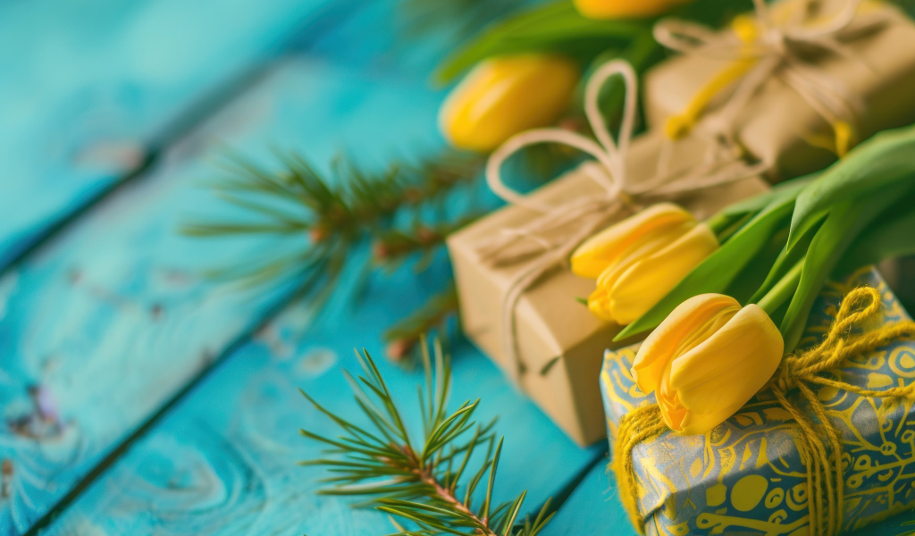 Желтые тюльпаны, еловые ветки и подарки на голубом столе