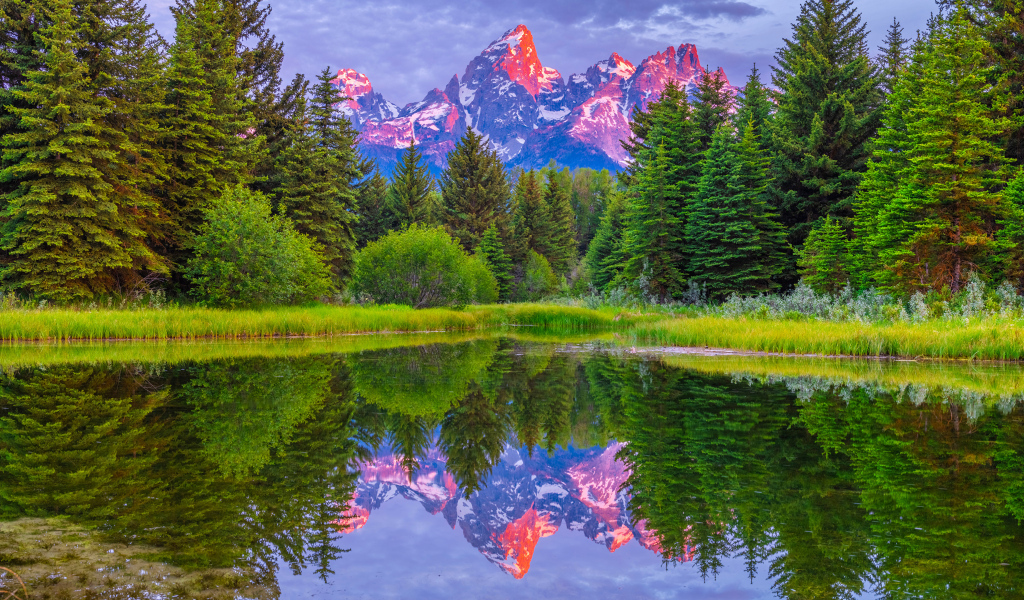 Красивый горный пейзаж в лучах солнца отражается в воде