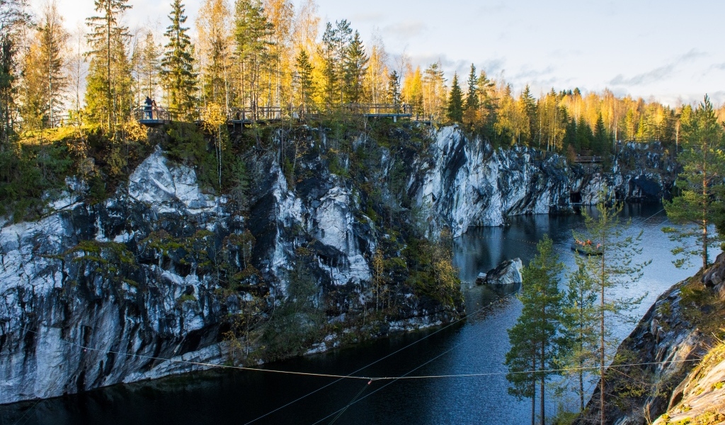 Вид на утес покрытый деревьями у воды