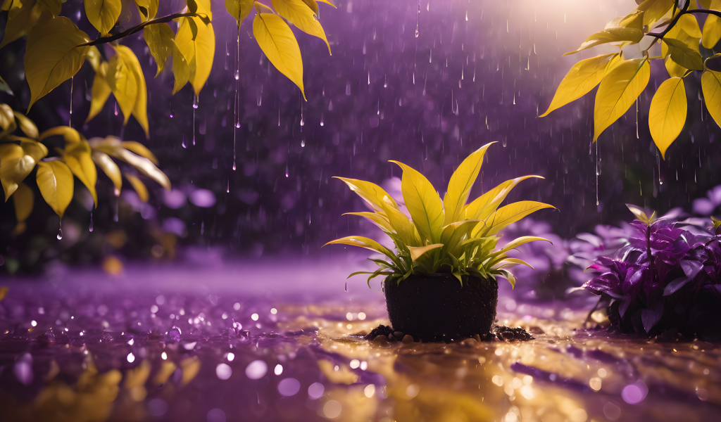 Зеленое растение стоит под дождем