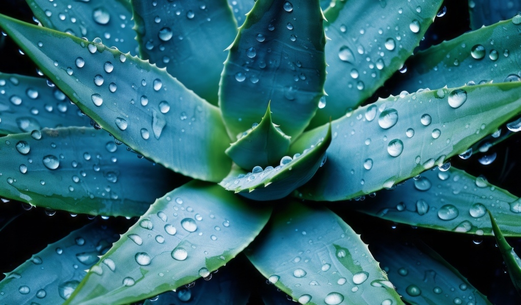 Большое зеленое алоэ в каплях воды