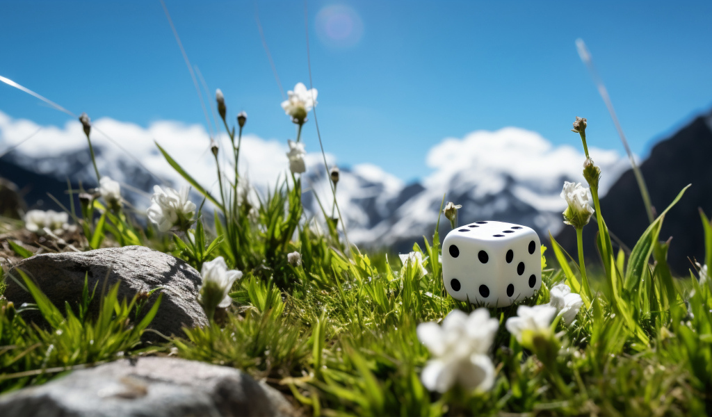 Кубик лежит на зеленой траве в горах