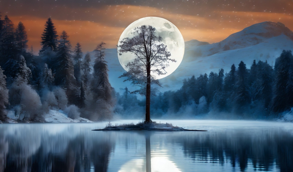 Большая белая луна за одиноким деревом у озера в горах