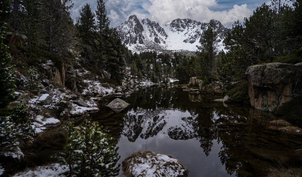 Холодная вода в озере с большими камнями на фоне гор