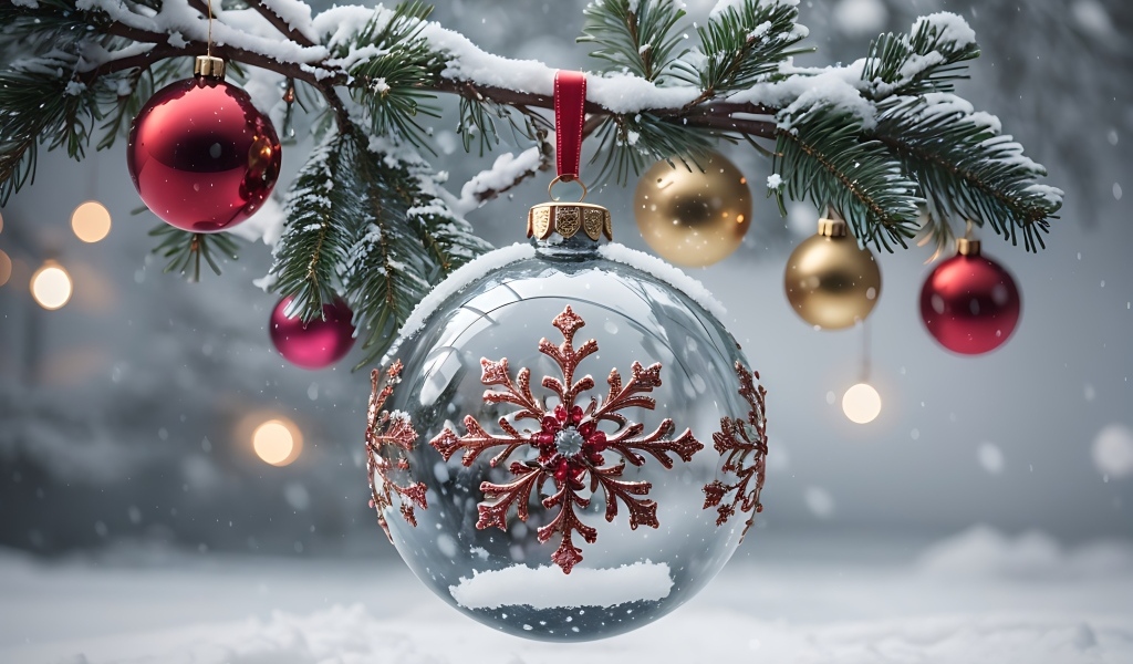 Красивый стеклянный шар со снежинкой на елке