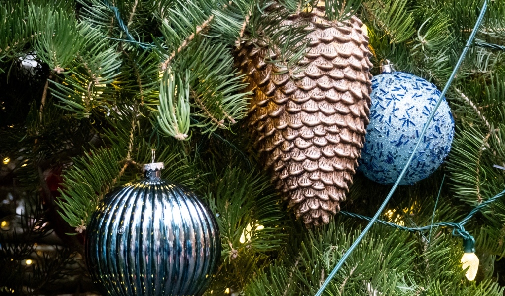 Красивые игрушки на зеленых еловых ветках