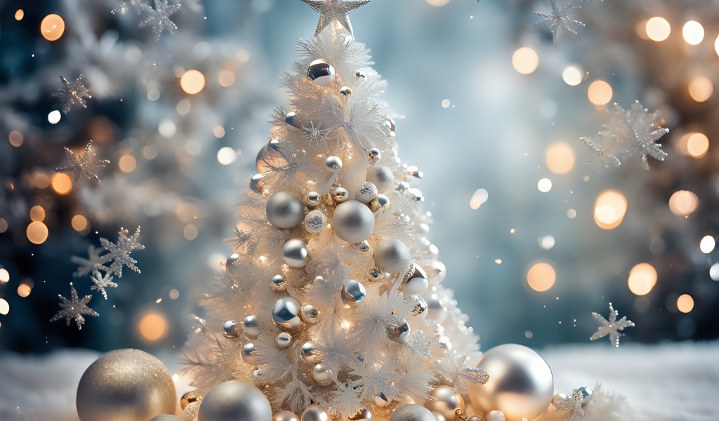 Красивая белая елка с шариками