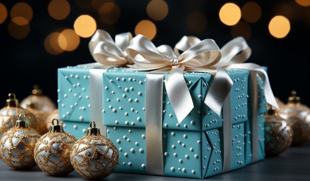 Коробка с подарком и елочными игрушками на Новый год