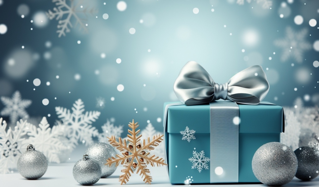 Подарок с игрушками на елку, шаблон для новогодней открытки