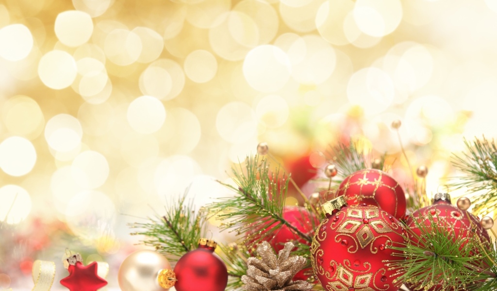 Красные шарики с еловыми ветками,  шаблон для открытки на Новый год