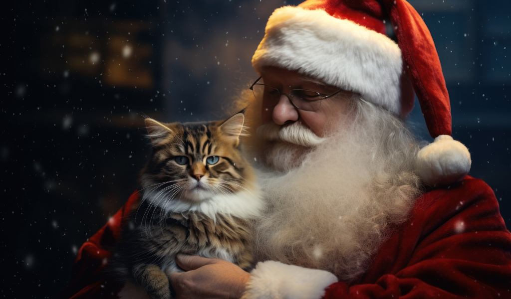 Дед мороз с красивым серым котом в руках