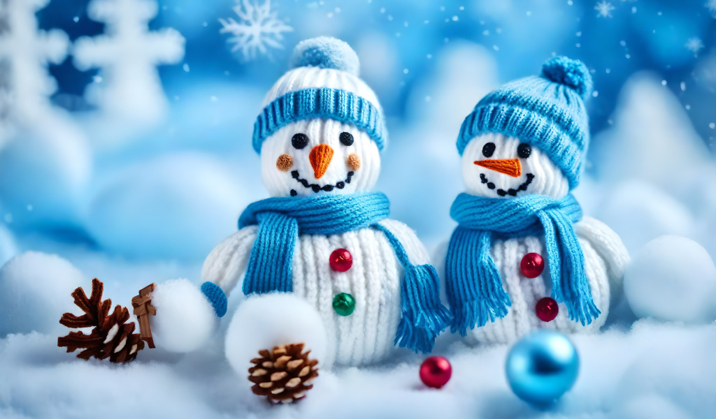 Два снеговика в шапках на снегу с шишками