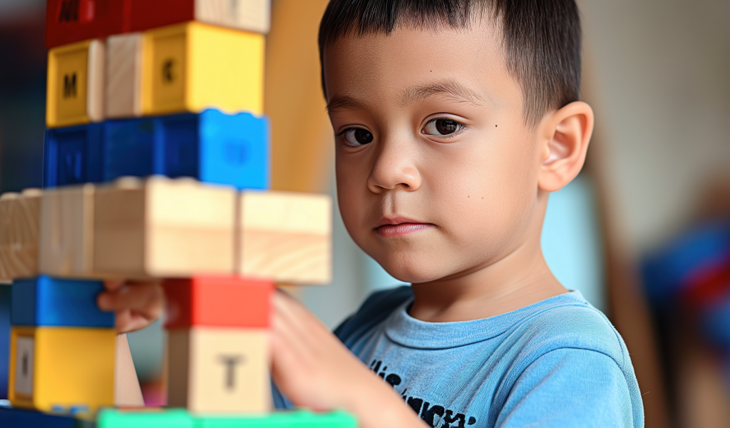 Маленький мальчик играет с кубиками