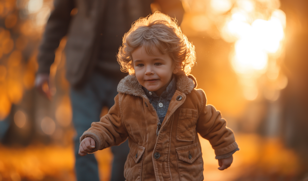 Маленький мальчик гуляет в осеннем парке