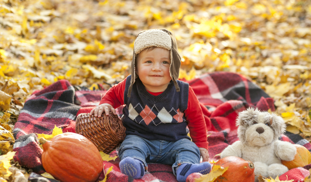 Маленький мальчик с игрушками на земле осенью 