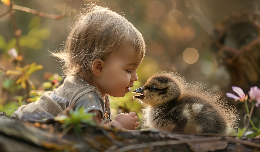Маленький ребенок с утенком на земле
