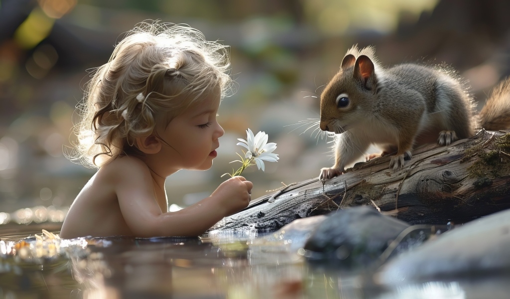 Маленькая девочка в воде с белкой