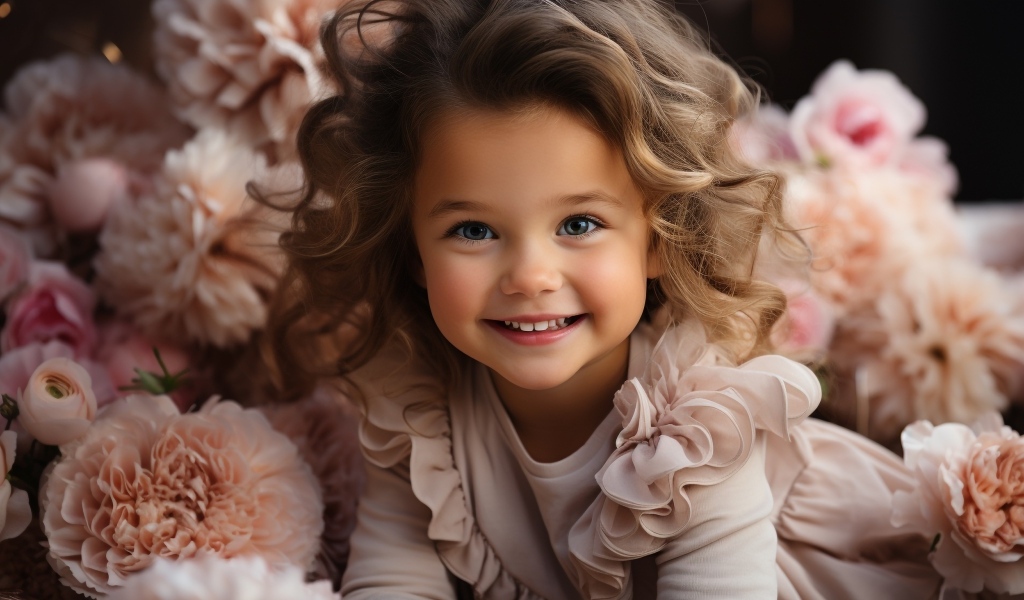 Маленькая улыбающаяся девочка в розовых цветах пиона