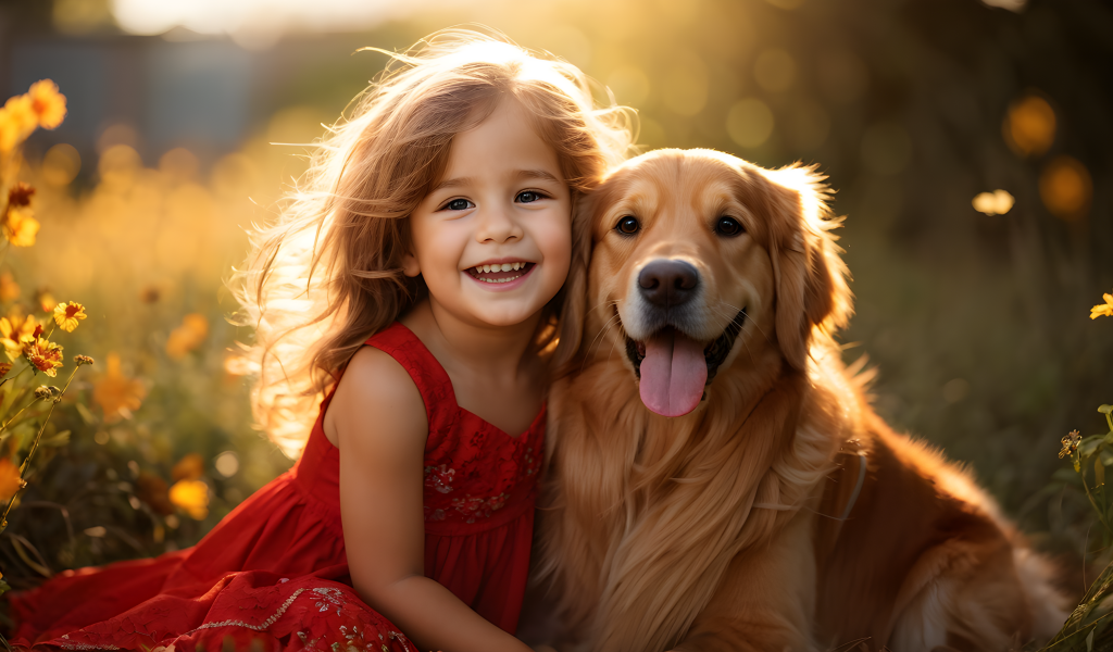 Маленькая улыбающаяся девочка с золотистым ретривером
