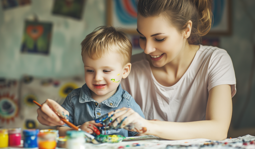 Мама рисует красками с сыном