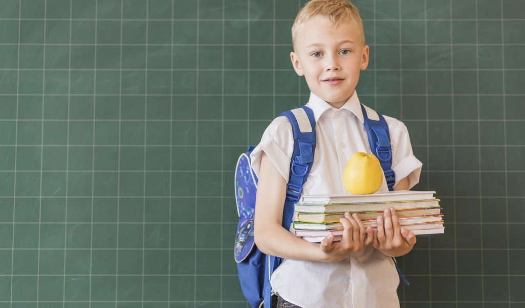 Мальчик школьник с книгами у доски