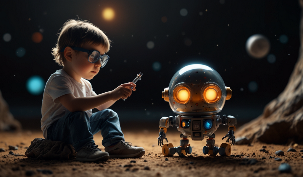 Мальчик ученый с роботом 