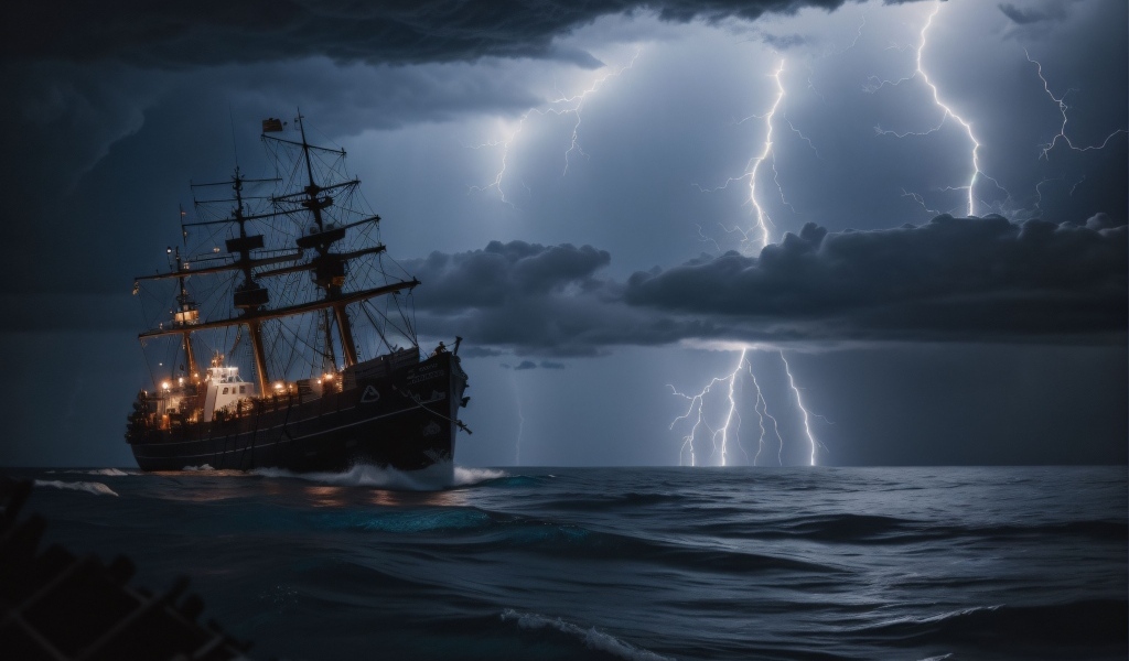 Корабль в бушующем море в шторм на фоне молнии в небе