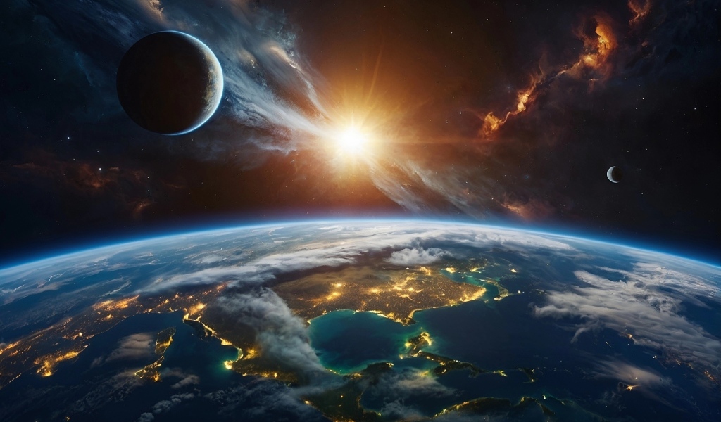 Яркая вспышка в космосе над планетой Земля